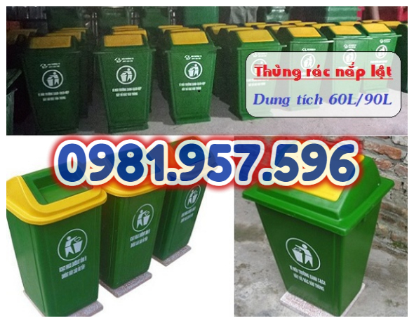 Thùng rác nhựa 60L nắp bập bênh, thùng rác 90L có chân