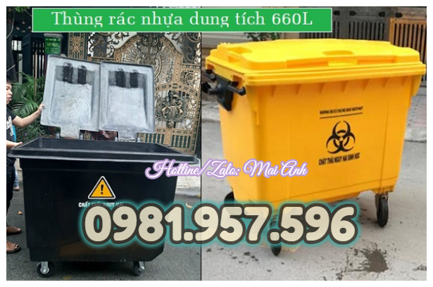 Thùng rác nhựa 660L, xe rác công nghiệp 660L, xe rác nhựa